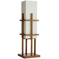 Modern oriental-style floor lamp with a solid wooden framework and a heavy rice-paper shade.