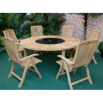 Unbranded Illinois Round Sunburst Teak Table with Granite Lazy Susan and 6 Chairs