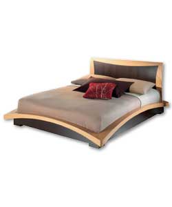 Stunning high design bedstead with contrasting beech-effect curves and walnut foil sides. Latex