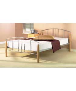 Silver and beech bedstead. Firm mattress. Overall size (H)88, (W)161, (L)213 cm. Packed flat for