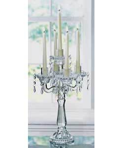 Perfect for entertaining, this luxurious clear glass 5-arm candelabra is decorated with stylish cup 
