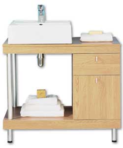 Oak finish vanity unit with 1 door and 1 drawer. 1 fixed shelf. Metal handles. Height adjustable