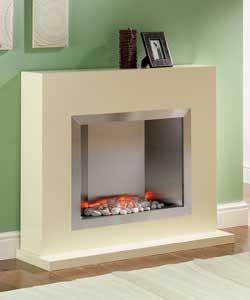 A modern surround with ivory satin finish.Contemporary brushed steel finish fire with illuminated pe