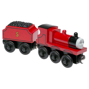 James wooden push along train with coal carriage in red. Compatible with the Thomas Tank Engine