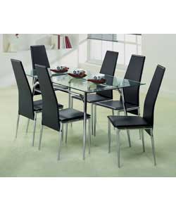Dining table with a chrome metal frame and a black tempered glass top fixed with aluminium discs.Jav