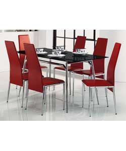Size (W)46, (D)52, (H)98.5cm.Chrome metal legs and a red leather effect seatpad and backrest. Self a