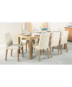 Oak.Size of table (L)150, (D)90, (H)75cm. Length when extended 193cm. Size of chairs (W)44, (D)49,