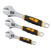 This JCB 3 piece adjustable wrench set features a calibrated jaw opening scale and ergonomic soft gr