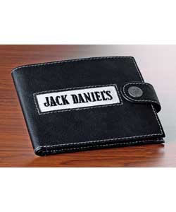 A bi-fold black real leather wallet with Jack Daniels detailing to stitched canvas strip in