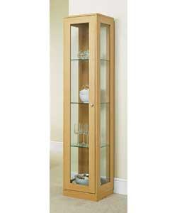 Beech effect display cabinet with 1 glass door and silver effect handle.3 internal shelves plus 1