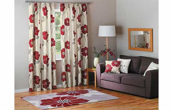 Adding a stylish and sophisticated touch to your bedroom. these stunning Living Jessica pencil pleat curtains. perfectly create a sense of contrast and warmth on your window. With a beautifully finished. poppy red and grey flower detailing. alongside