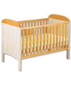 Cot Bed:Solid wooden cot in solid white and natural wood finish.Fixed side rails.3 position