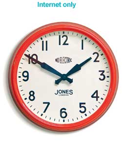 Retro style wall clock.Red steel case.Quartz movement.Black hands.Size (H)28, (W)28, (D)6cm.Requires