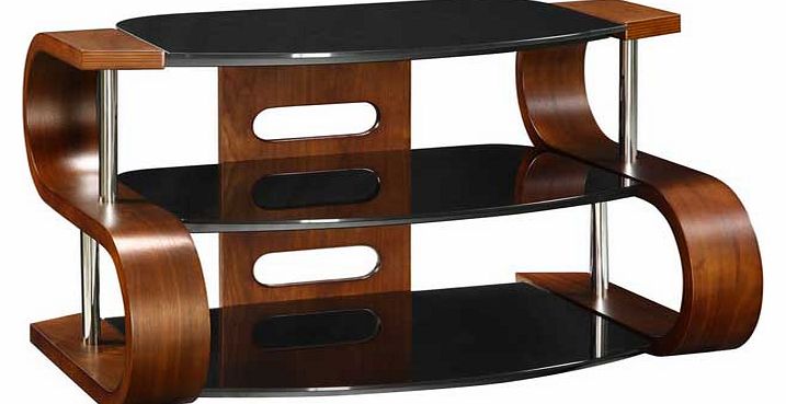 This large striking walnut veneer and black glass TV Stand will add lots of contemporary style to your home. Designed for TVs up to 50 inches and built in cable management for the complete media solution. Part of the Jual collection Size H40. W110. D