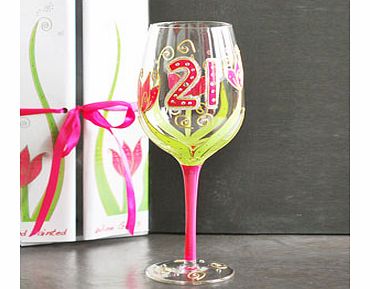 This gorgeous Julie Childs 21st Birthday Hand Painted Wine Glass would make an ideal gift for someone special about to turn 21!This clear wine glass has a pink painted stem and the base features a raised pattern with diamantes. The top of the glass h