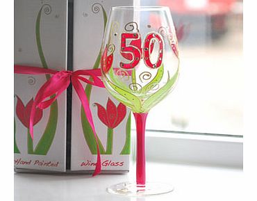 This gorgeous Julie Childs 50th Birthday Hand Painted Wine Glass would make an ideal gift for someone special about to turn 50!This clear wine glass has a pink painted stem and the base features a raised pattern with diamantes. The top of the glass h