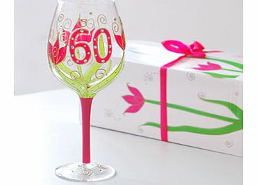 This gorgeous Julie Childs 60th Birthday Hand Painted Wine Glass would make an ideal gift for someone special about to turn 60!This clear wine glass has a pink painted stem and the base features a raised pattern with diamantes. The top of the glass h