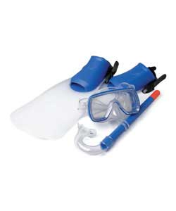 Mask fitted with polycarbonate safety lens, snorkel and flippers with moulded rubber foot pockets an