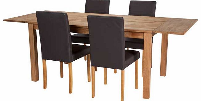 Enjoy dining in style with this Keaton Oak Extendable Table with 4 Real Leather Chairs dining set. With a solid oak table and chairs covered in real leather. this Keaton dining set will give your dining room a modern edge. Including a 60cm extension 