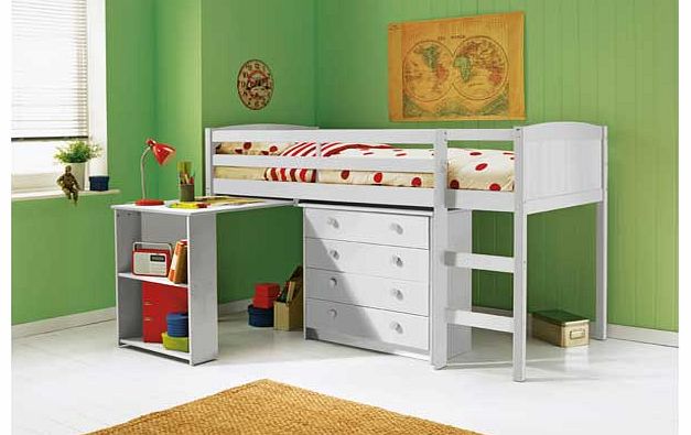 With this Kelsey White Mid Sleeper/Desk/Chest with Elliott Mattress. you get a lot for your money. This mid sleeper not only comes with a mattress included. but also gives your child a work space and plenty of storage space. The included Elliott matt