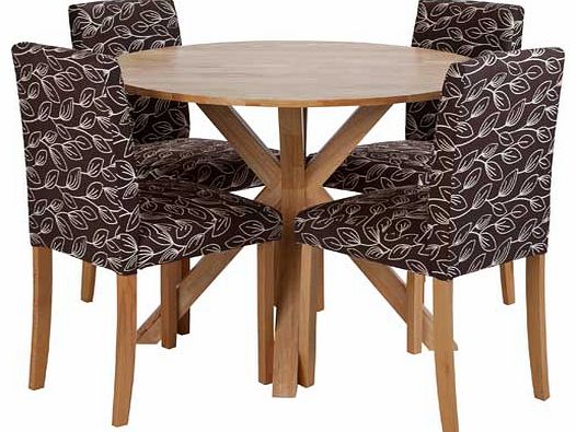 Give your dining room or kitchen some subtle sophistication with this Keria Oak Veneer Table and 4 Leaf Fabric Chairs. The round table is perfect if you are looking to save space and the dining set is perfectly suited to a modern home. Part of the Ke