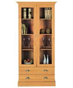 Size (H)200, (W)130, (D)45cm.Golden oak finish.  3 glass doors with chrome finish cup/oval knob hand