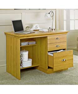 Rich golden oak finish desk with chrome finish cup style handles.Foil covered MDF and chipboard comp