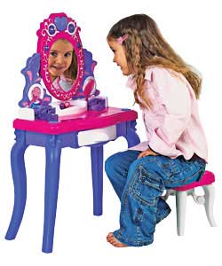 A dressing table set which includes: a pretend hairdryer with sounds, hair accessories, hairbrush an