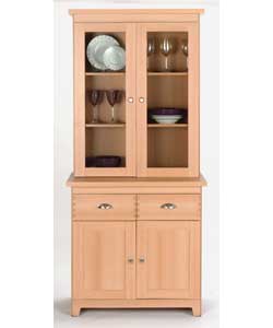 Top has 2 glass doors with knobs and 2 fixed inter