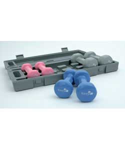 Ideal for power walking and upper body toning and dumbbell training. 3 pairs of vinyl dumbbells in a
