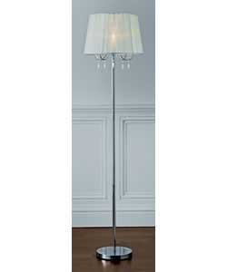 Chrome finish with cream voile shade and clear acrylic drops.In line switch.Height 115.5cm.Diameter 
