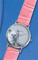 Ladies Kitten Face Watch on Pink Real Leather Mock Croc Effect Strap