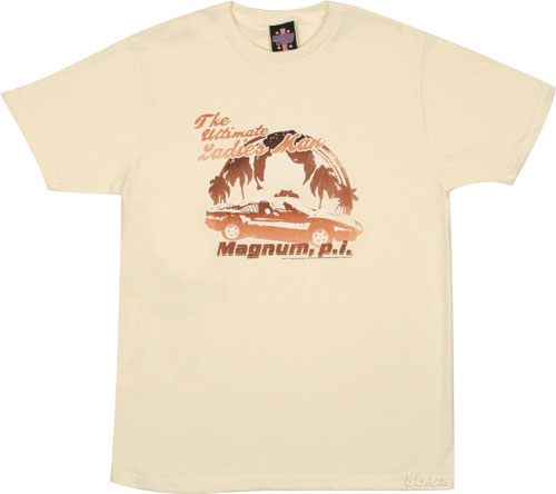 This Magnum PI mens T-Shirt features a distressed style print of Mr. Magnums Ferrari and reads The U