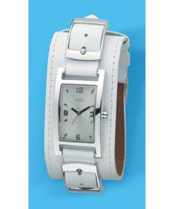 Ladies Oasis White Leather Double Buckle Cuff Watch
