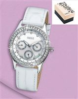 Take a shine to this ladies` multi-dial watch. Its mother of  pearl dial in a shiny chrome case