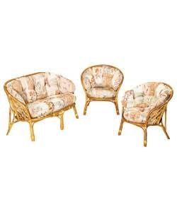 3 piece suite comprising sofa and 2 chairs.Hand woven lattice design; rattan frame with fully