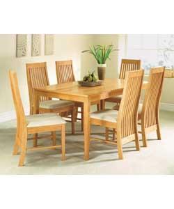 Solid wood with veneer.Size of table (H)90, (W)74, (L)150cm. Size of each chair (H)100, (W)42.5, (D)