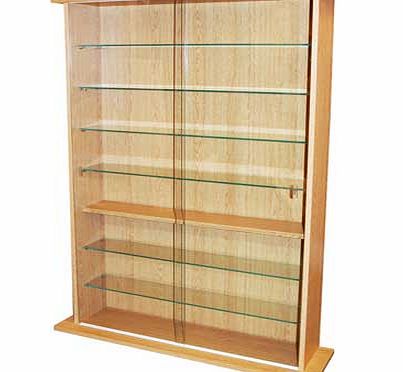 Floor standing Beech effect finish display/media storage unit with clear tempered glass sliding doors. Perfect for displaying collectables and ornaments. but equally suited for storage of books. CDs. DVDs. etc. 6 x 13cm deep glass shelves. plus a sol