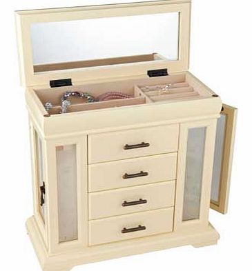 Store all your cherished jewellery in this beautiful vintage jewellery box in classic cream. It features plenty of compartments to categorise your treasures into everyday and special occasions. Wood exterior. 4 drawers. 2 compartments. 2 doors. Mirro