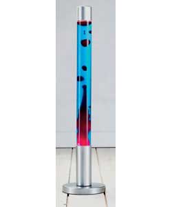 Silver effect metal base and cap with straight glass bottle.Blue liquid and red wax.In-line