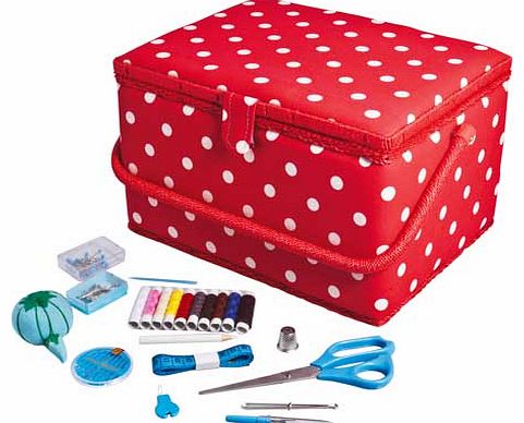 Red polka dot sewing box with removable. internal storage tray with compartments. Comes complete with accessories such as scissors. thread. seam ripper and much more. Includes: removable internal plastic storage tray with compartments. scissors. asso