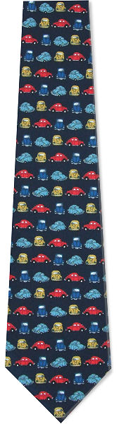 A great tie for fans of the old style VW Beetle featuring red, yellow, dark blue and light blue moto