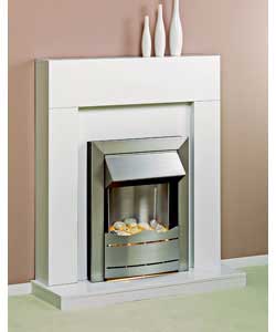 Contemporary white surround and silver coloured electric fire with illuminated pebble fuel bed.Separ