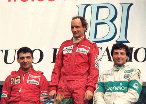Lauda- Patrase and Alboreto Podium Photo (17cm x 12cm)