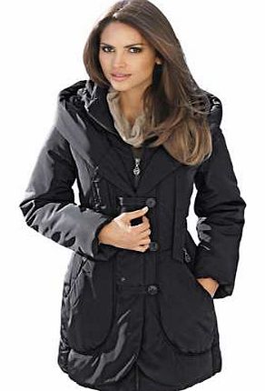 Elegant layered look coat in a subtle, fine shimmer fabric. With a width adjustable hood and a chic shawl collar, and a 2 way zip with covering loop fastener that fastens all the way to the stand-up collar. With Viennese seams front and back width ad