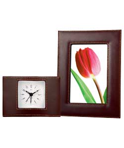 Unbranded LC Brown Faux Leather Clock and Frame Set
