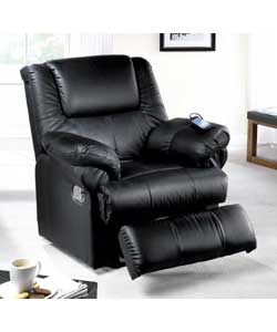 Top grain leather seat and arms. Leather effect sides and back. Massage unit features 3 adjustable
