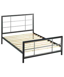 Metal-framed double bedstead with gunmetal and aluminium effect.Overall size (H)110, (W)143, (L)200