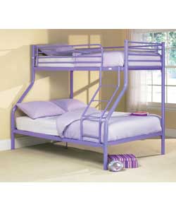 Lilac tubular metal framed double bed featuring si