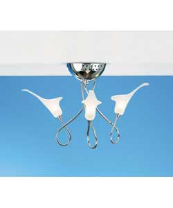 Chrome 3 light ceiling fitting with lily glass shades.Drop 25cm.Diameter 41cm.Requires 3 x 20 watt